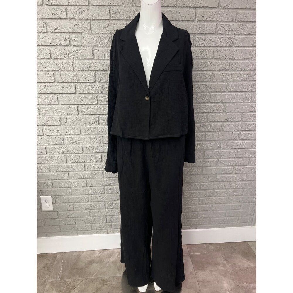 Fashion Nova Women Black Textured Cotton Pant Shirt Seaside Minimalism Set Size
